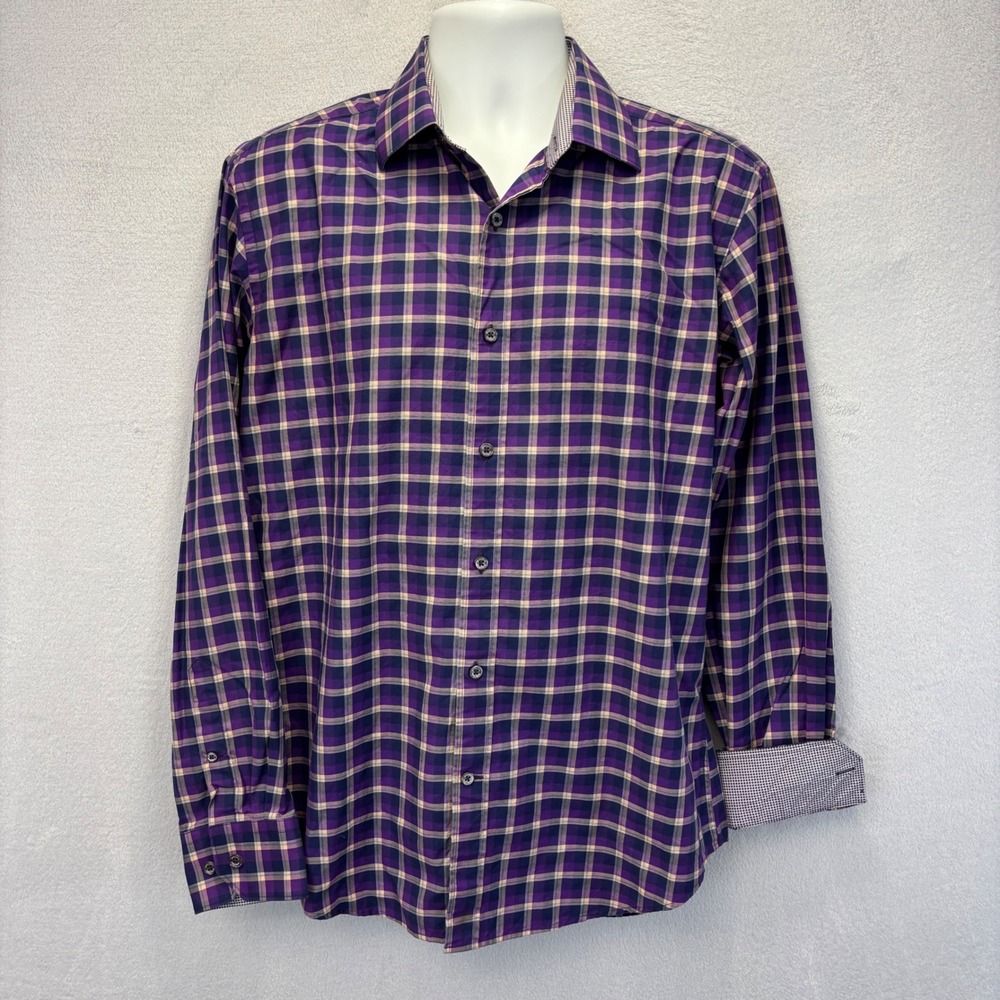 Bugatchi Uomo Shaped Fit Button Up Shirt Mens Large Slim Fit Purple Plaid Cotton